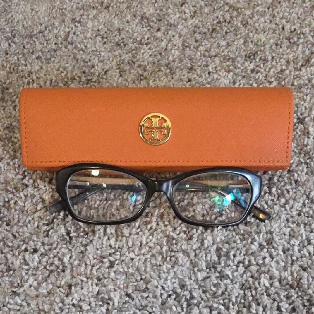 Tory Burch Orange Saffiano Glasses Case with Gold Emblem